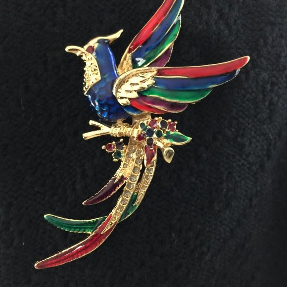 Colorful Enamel and Rhinestone Bird Brooch, Large - Picture 4 of 4